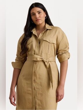 Ralph Lauren Tan Button-Front Shirt Dress with Side Pockets Sz S EUC